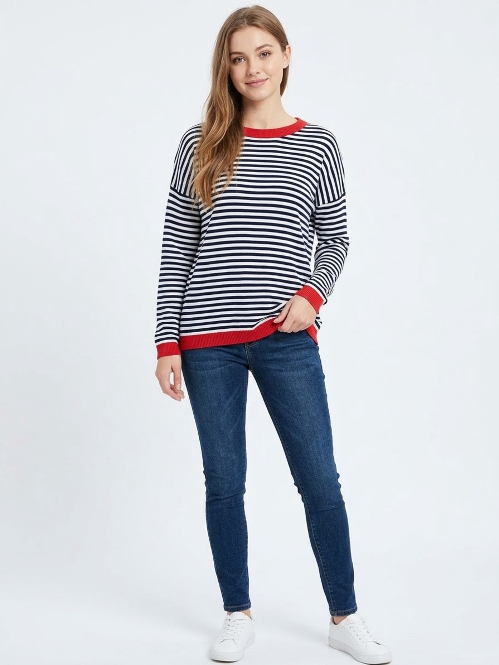 DOKOTOO Striped Crew Neck Sweater in Blue & White Size Medium